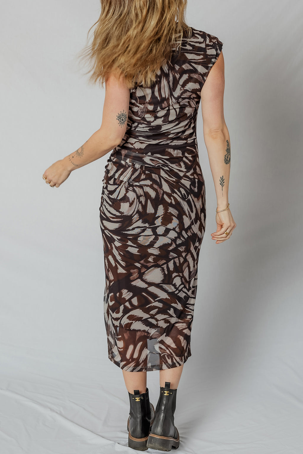 Brown Abstract Print Midi Dress