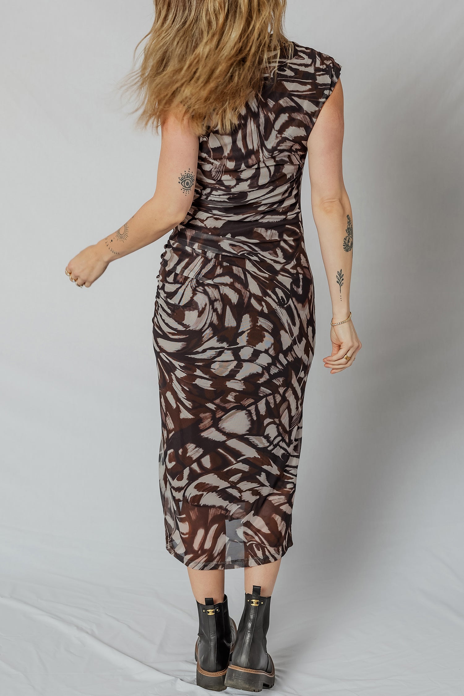 Brown Abstract Print Midi Dress