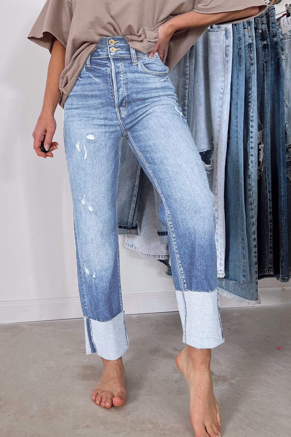 Sky Blue Distressed Straight Leg Jeans