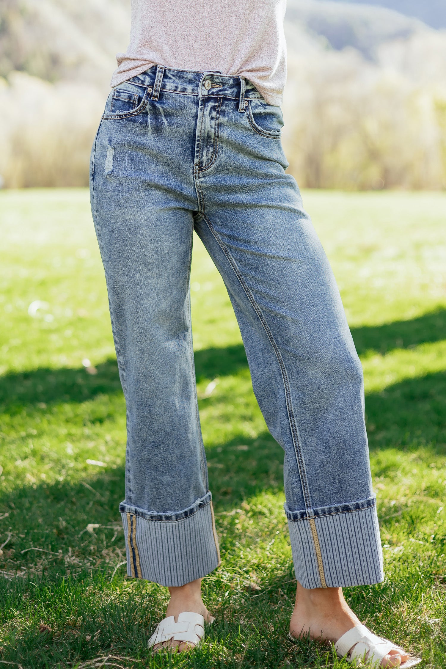 Blue Cuffed Straight Leg Jeans