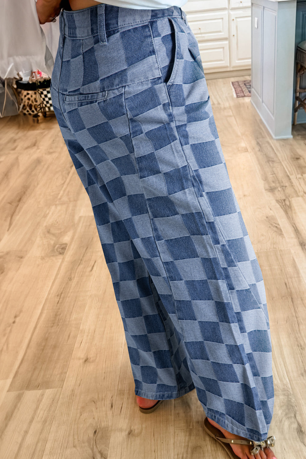 Blue Checkered Wide Leg Jeans