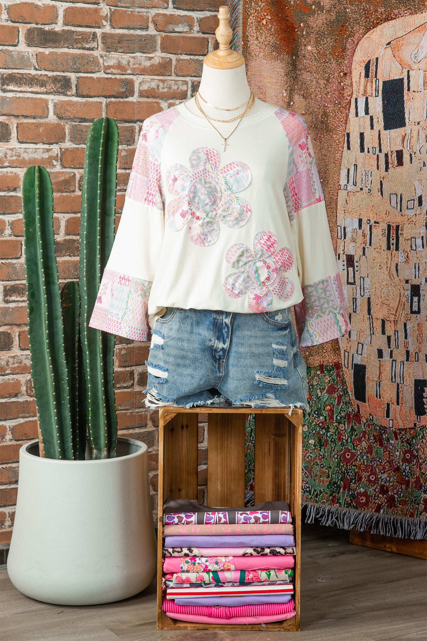 Beige Floral Patchwork Top