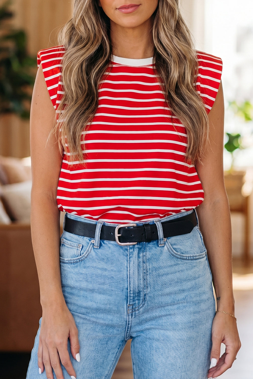 Red Stripe Ribbed Tank Top