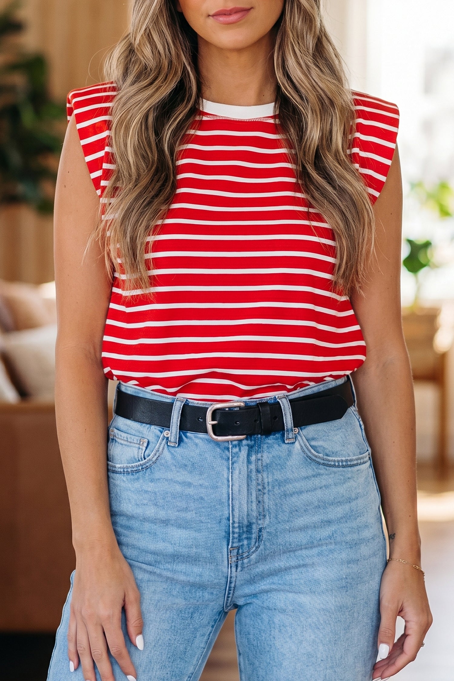 Red Stripe Ribbed Tank Top