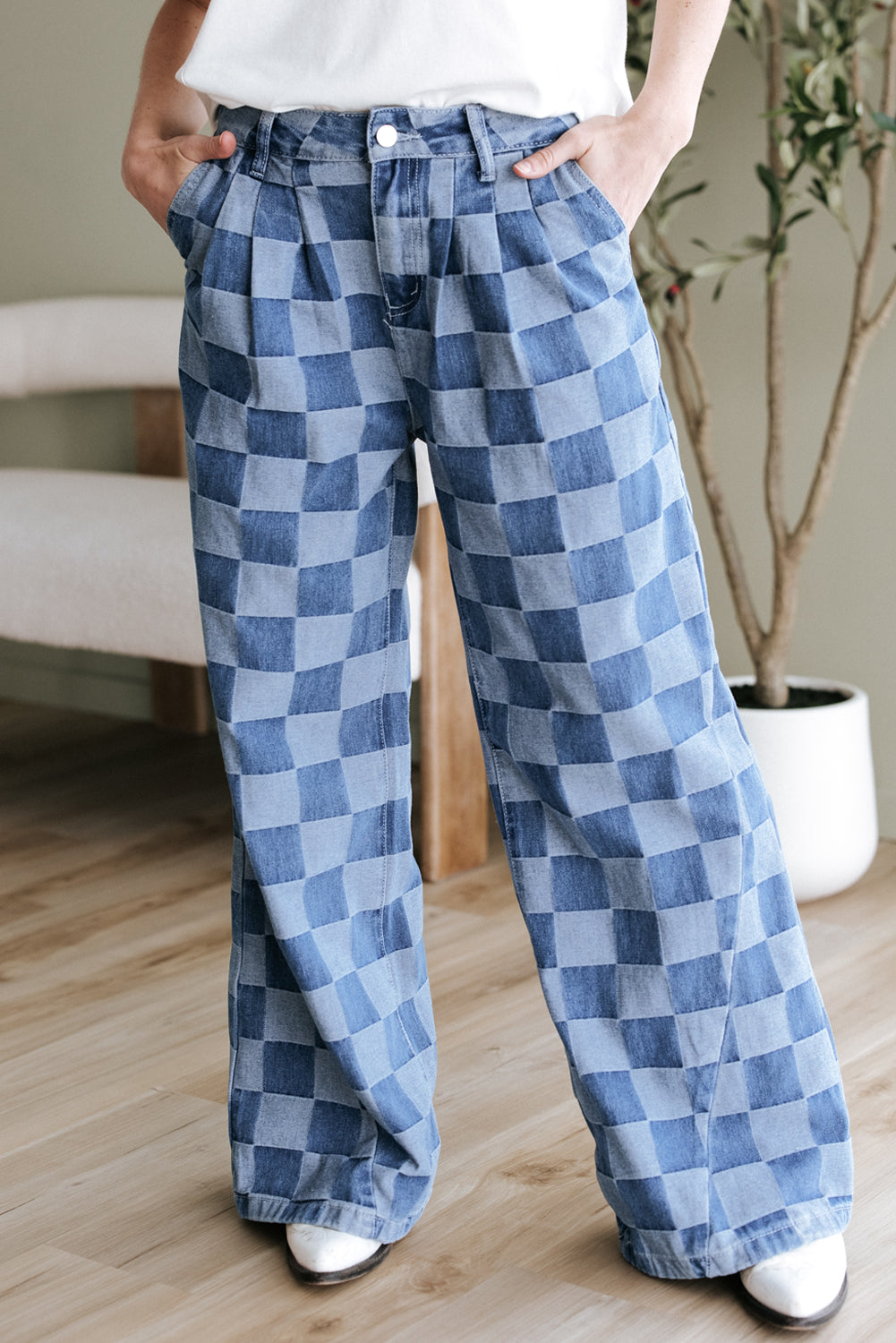 Blue Checkered Wide Leg Jeans