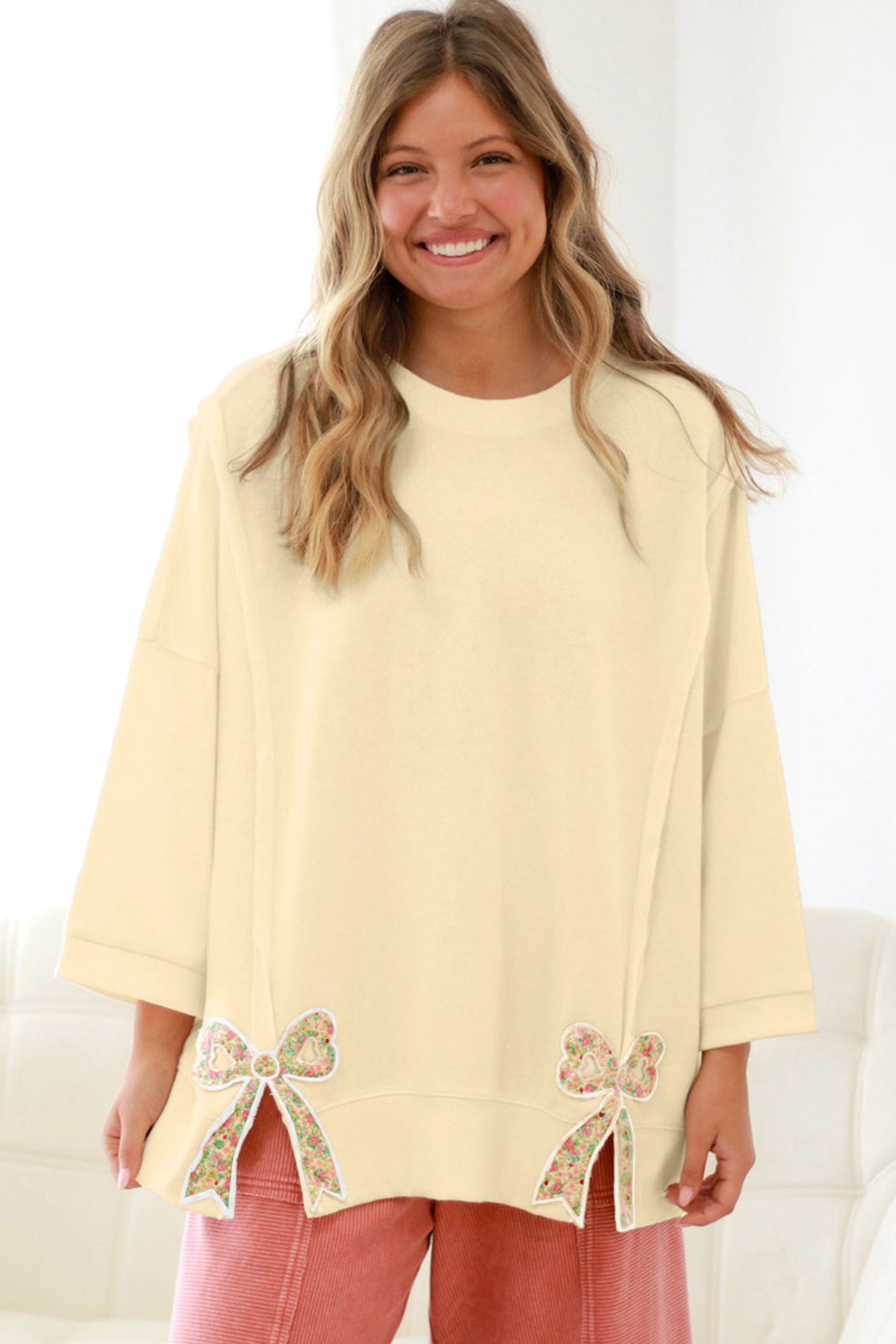 Beige Floral Bow Plus Size Pullover