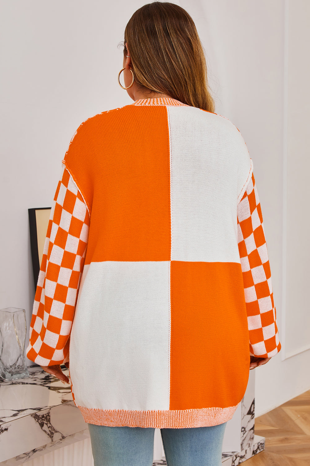 Orange Plus Size Checkered Open Cardigan