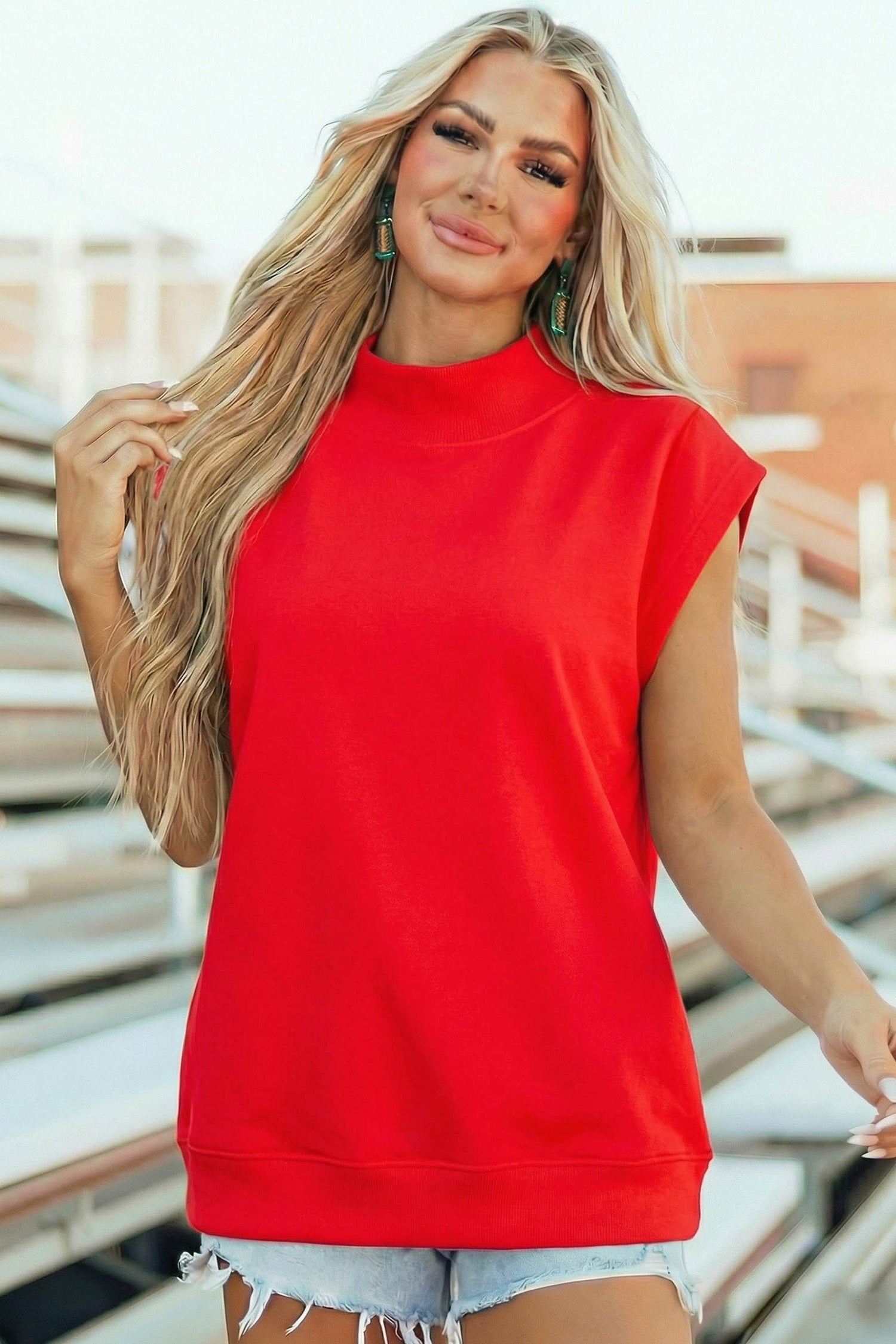 Red High Neck Cap Sleeve Top