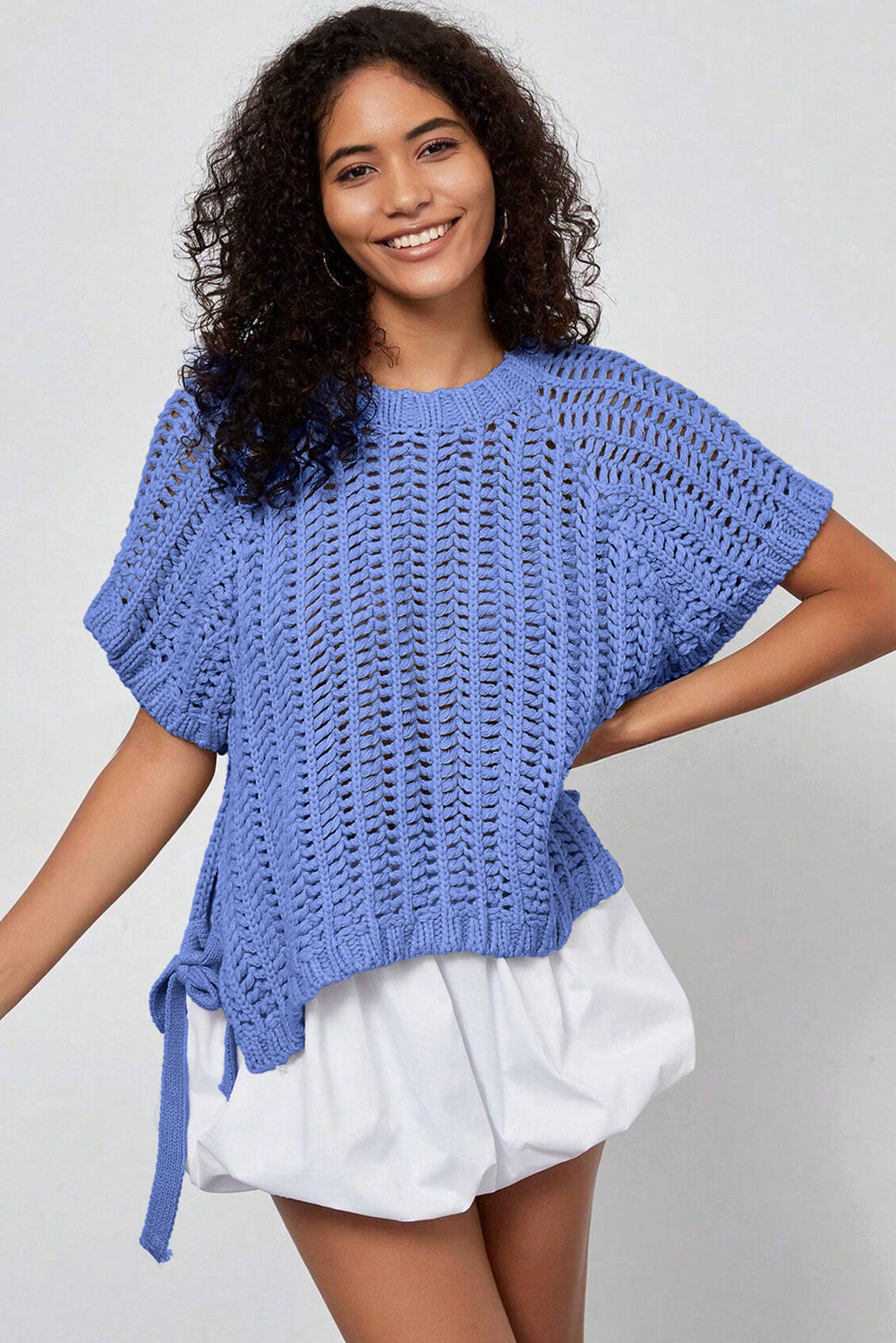 Blue Plus Size Bow Tie Sweater