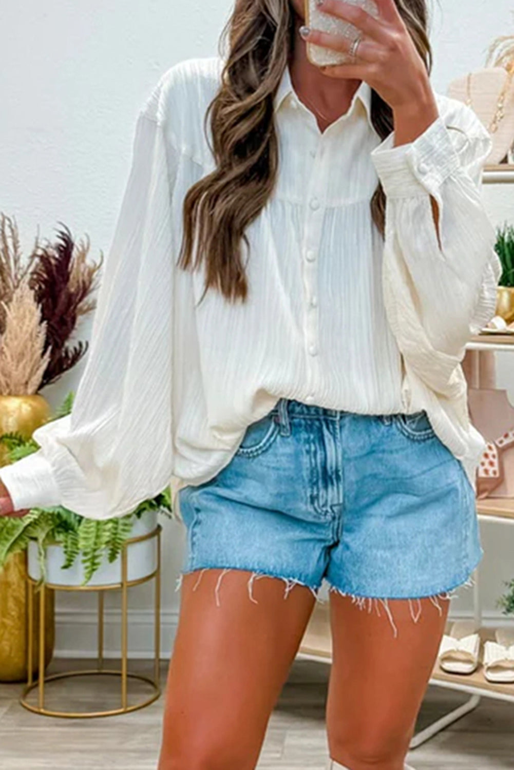 White Lantern Sleeve Button Down Shirt