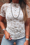 White Floral Mesh Mock Neck Top