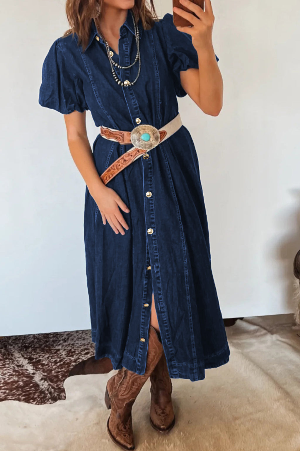 Blue Button-Down Denim Maxi Dress