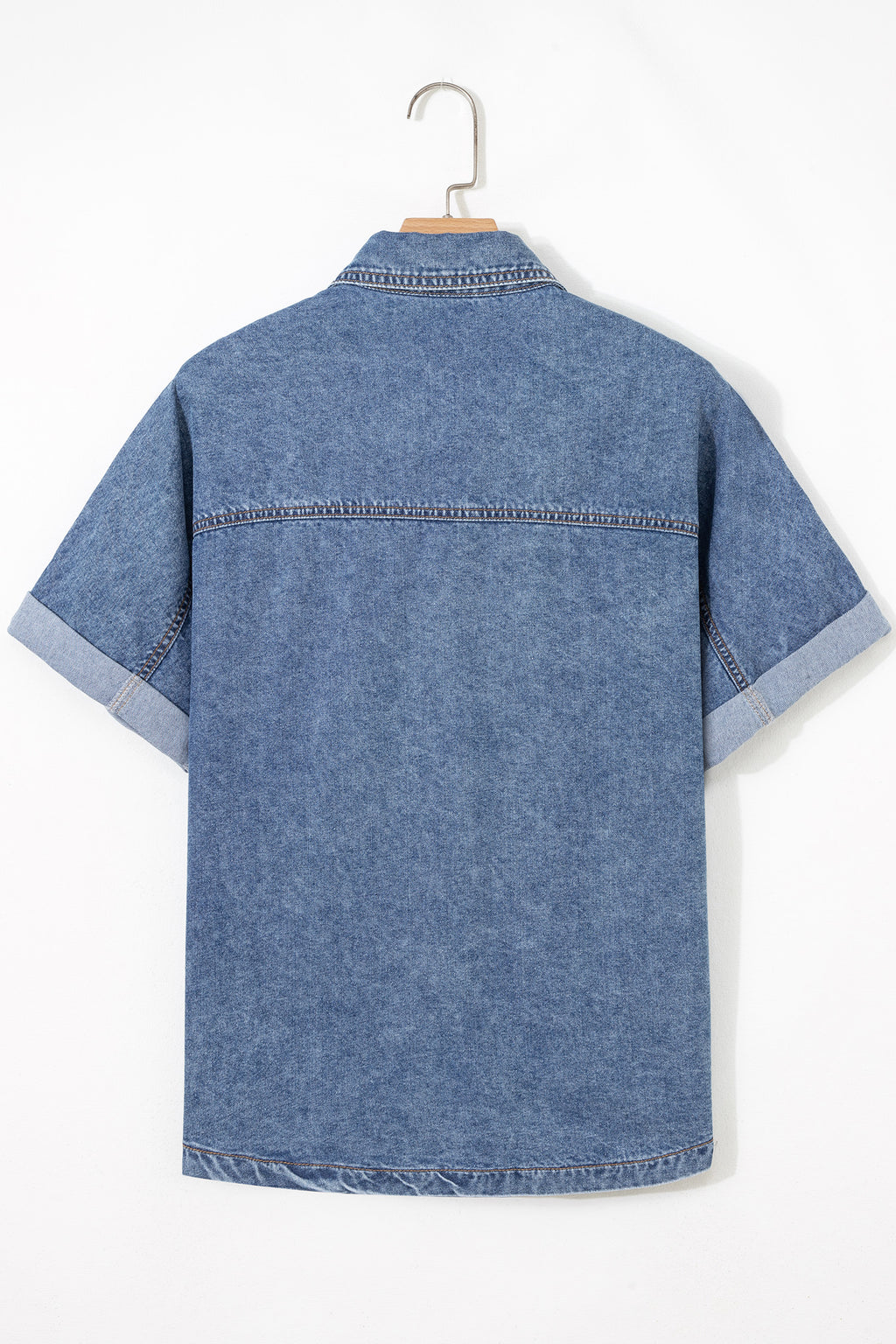 Blue Cuffed Short Sleeve Denim Shirt