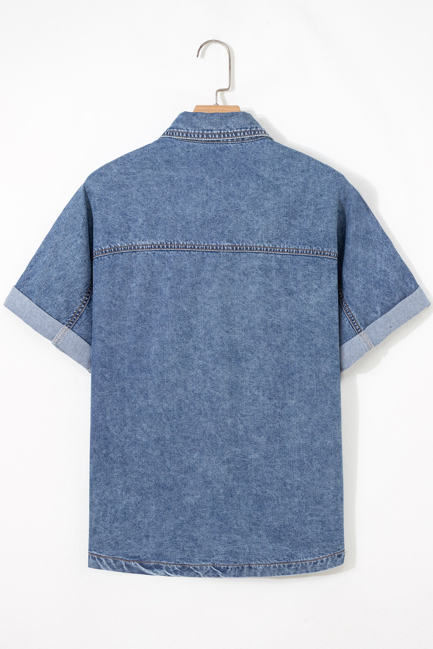 Blue Cuffed Short Sleeve Denim Shirt