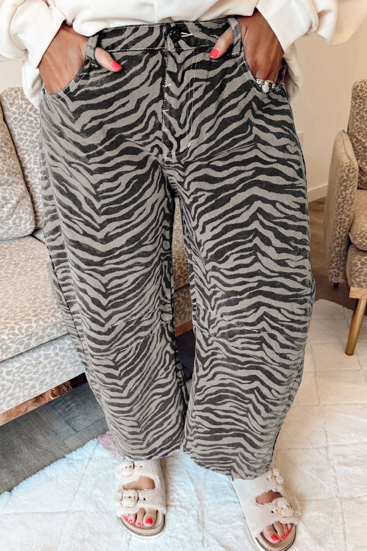 Zebra Print Barrel Jeans