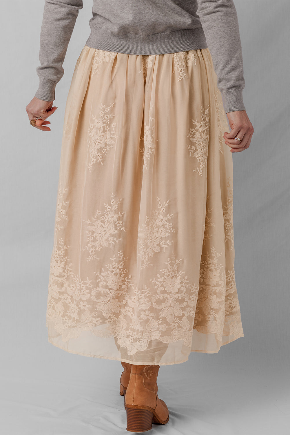 Oatmeal Lace Mesh Maxi Skirt