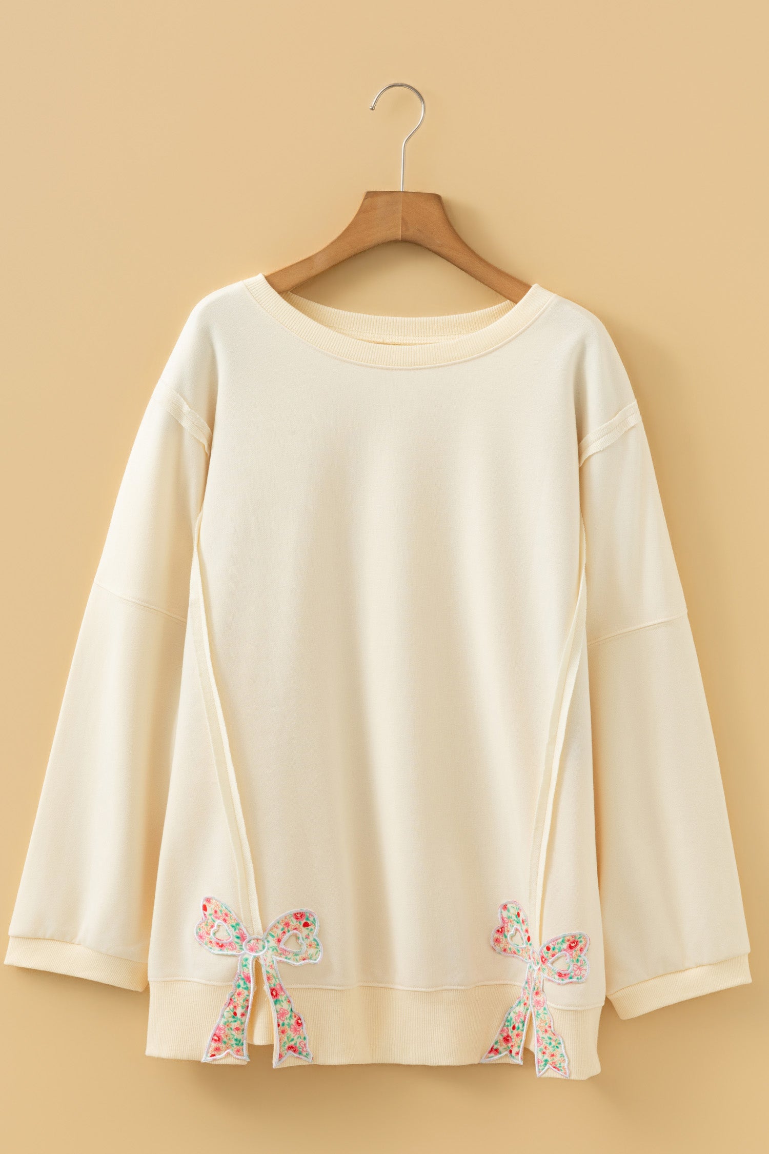Beige Floral Bow Plus Size Pullover