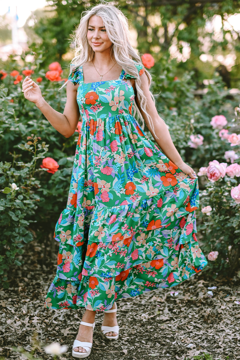 Green Floral Ruffle Maxi Dress