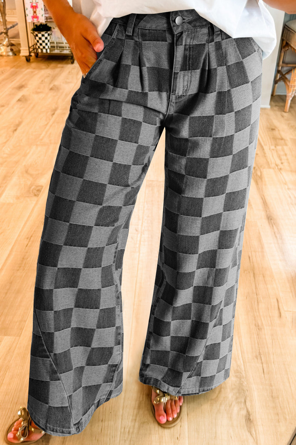 Dark Grey Checkered Wide Leg Jeans