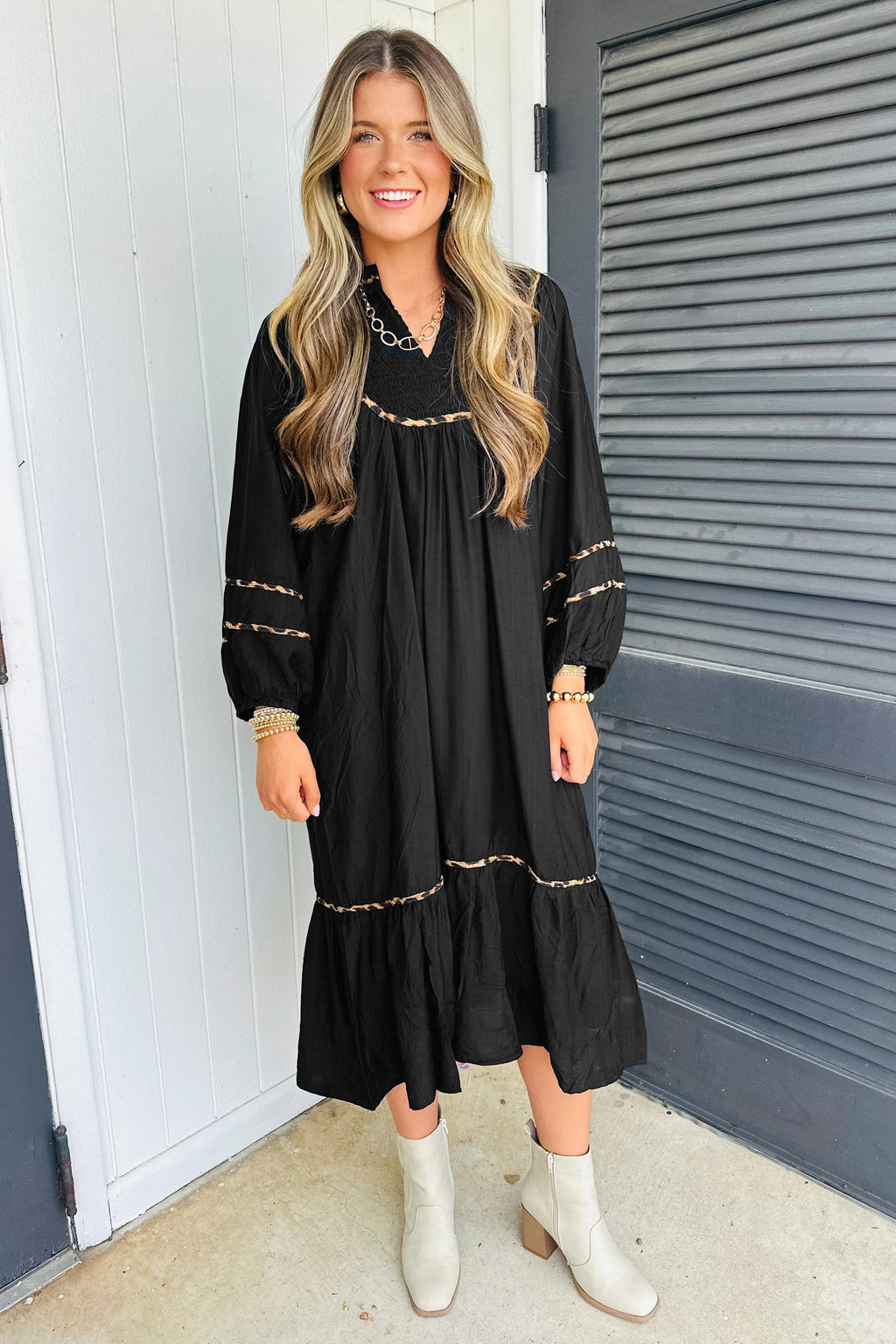 Black Leopard Trim Midi Dress
