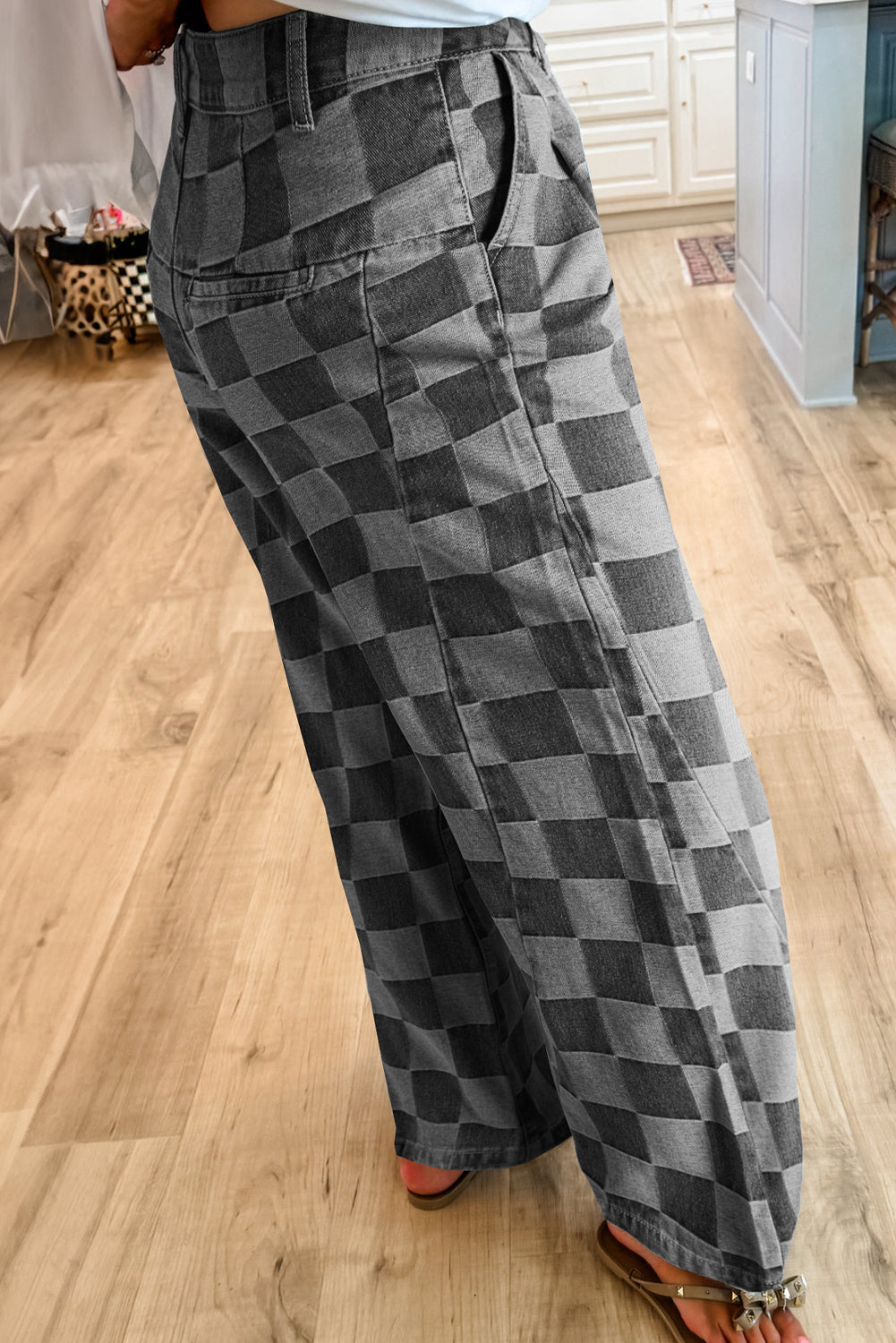 Dark Grey Checkered Wide Leg Jeans