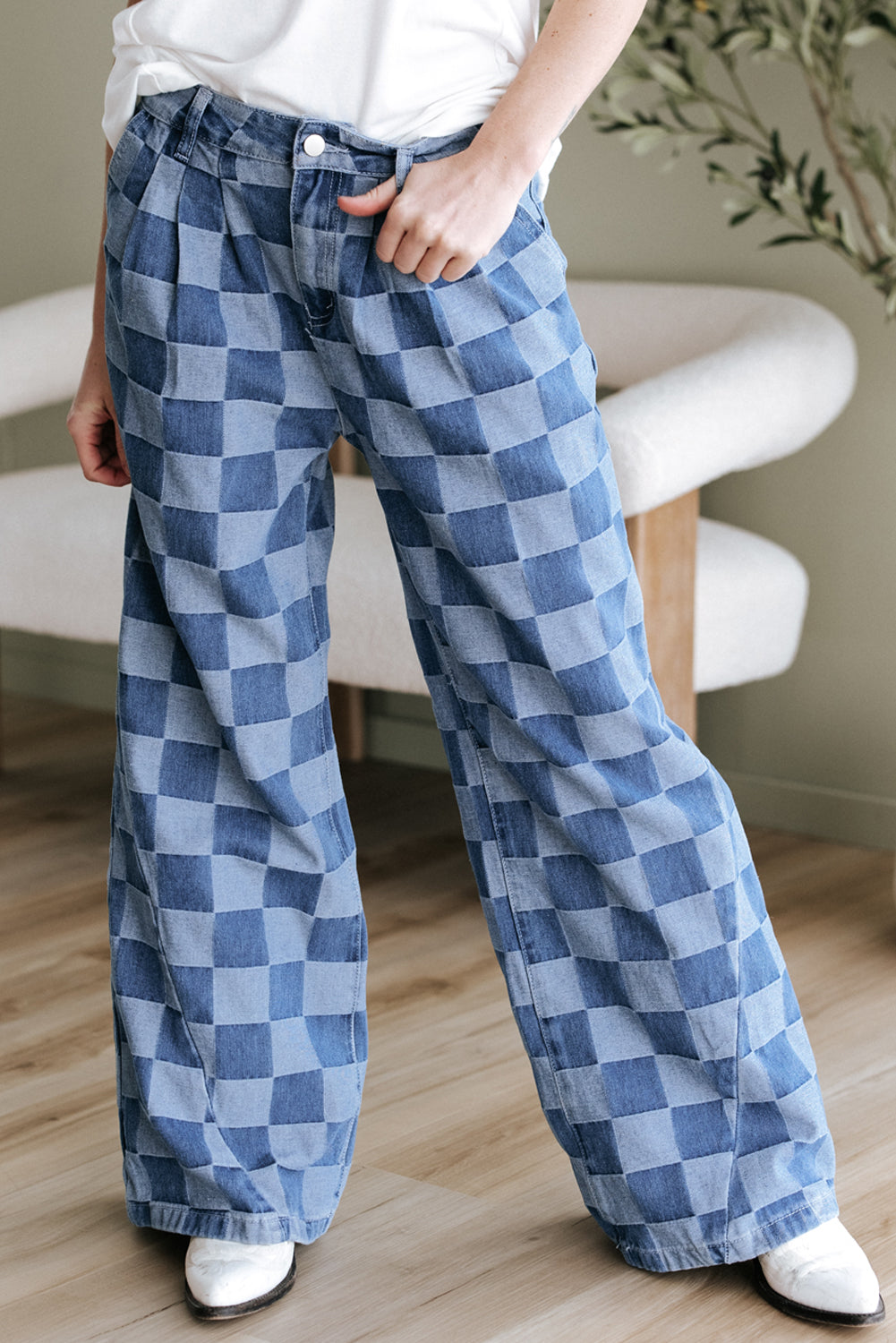 Blue Checkered Wide Leg Jeans