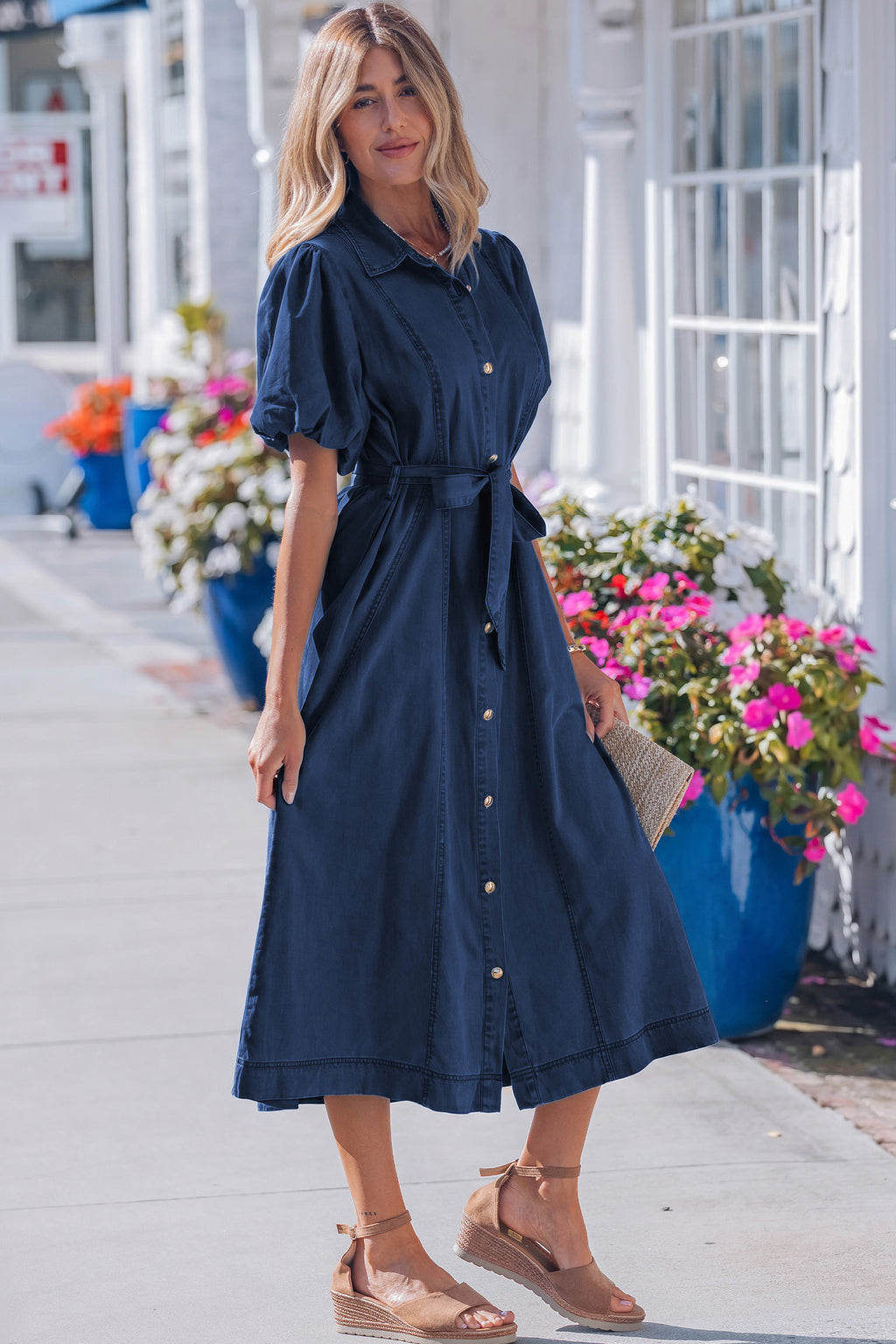Blue Button-Down Denim Maxi Dress