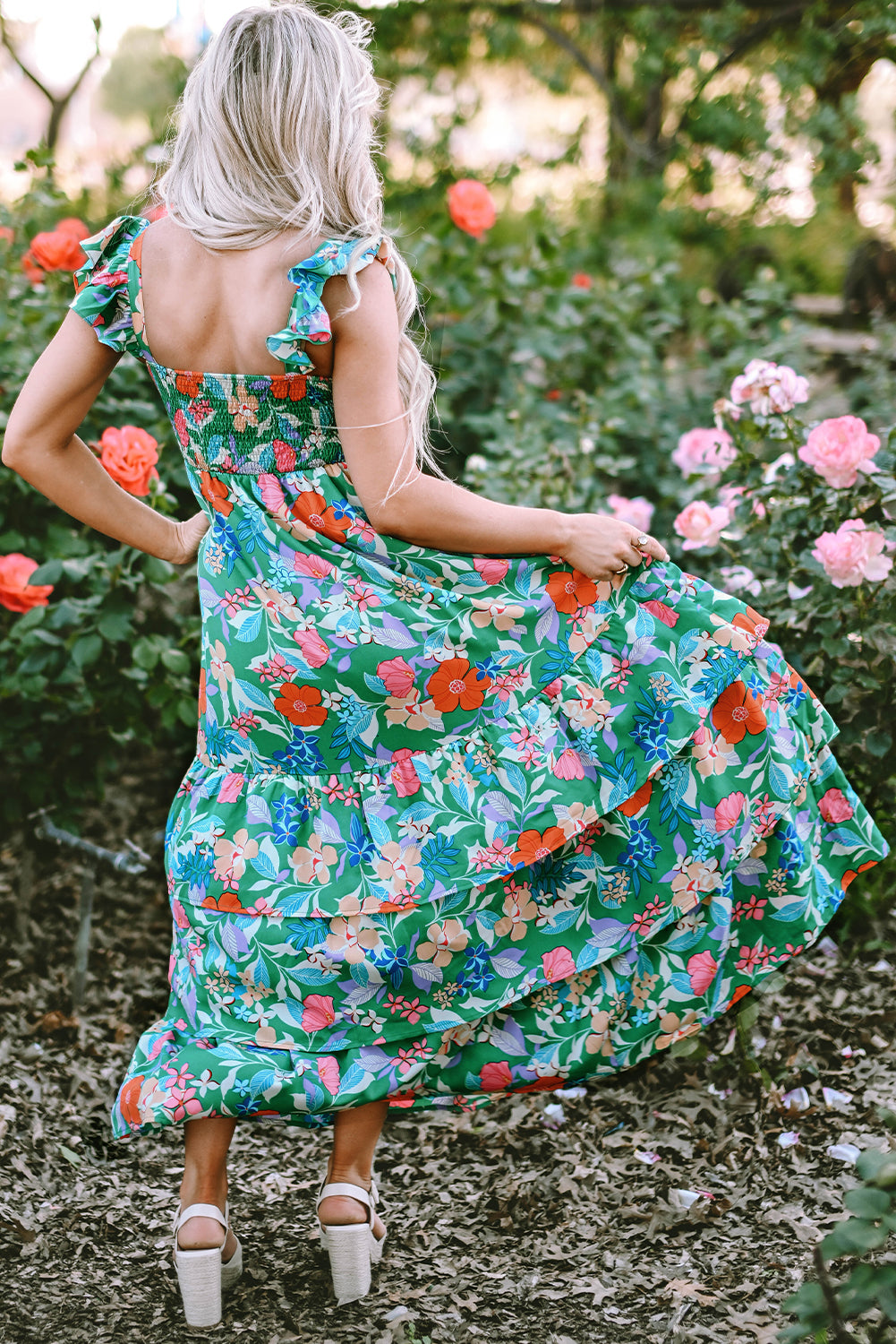 Green Floral Ruffle Maxi Dress