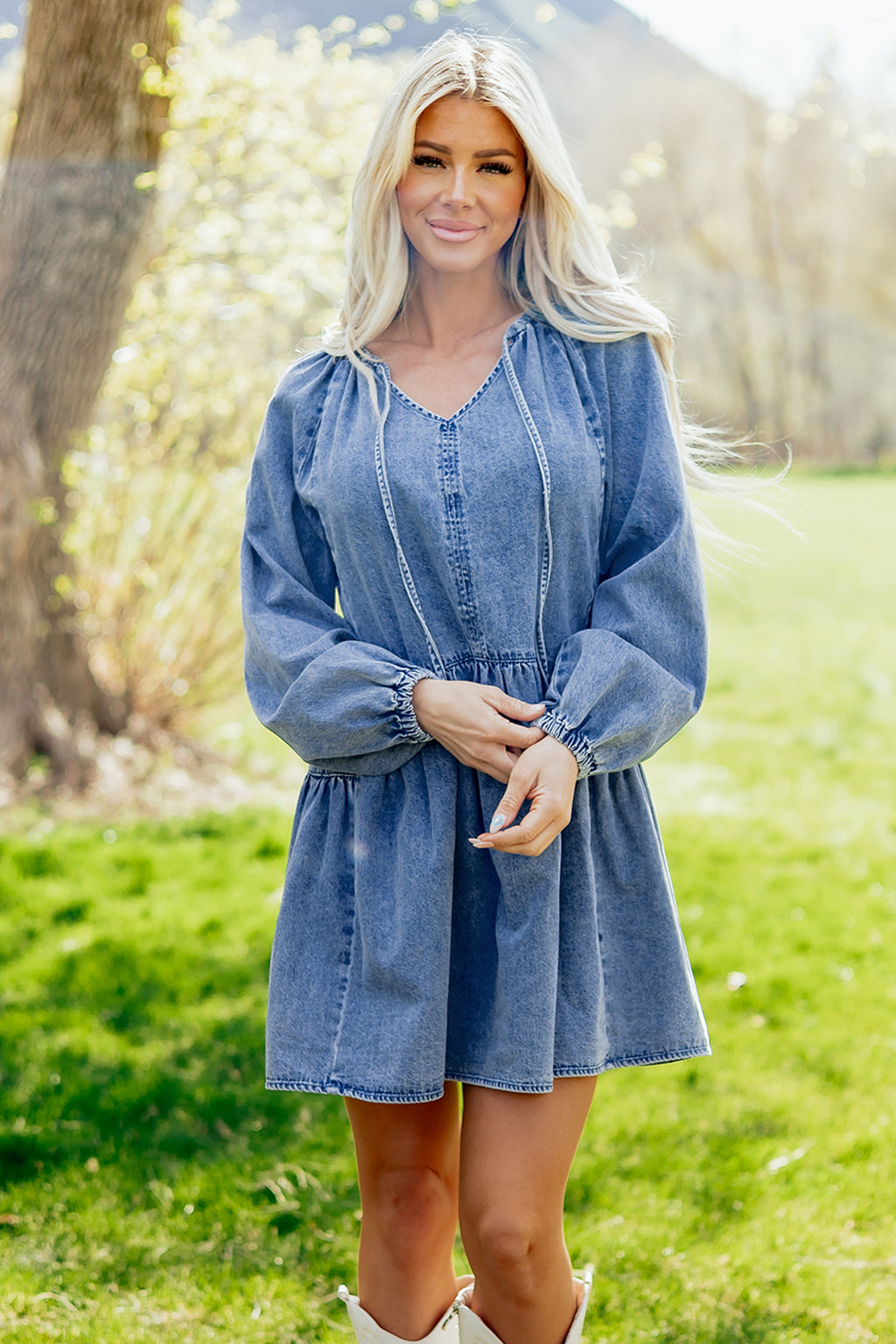Blue Puff Sleeve Denim Mini Dress