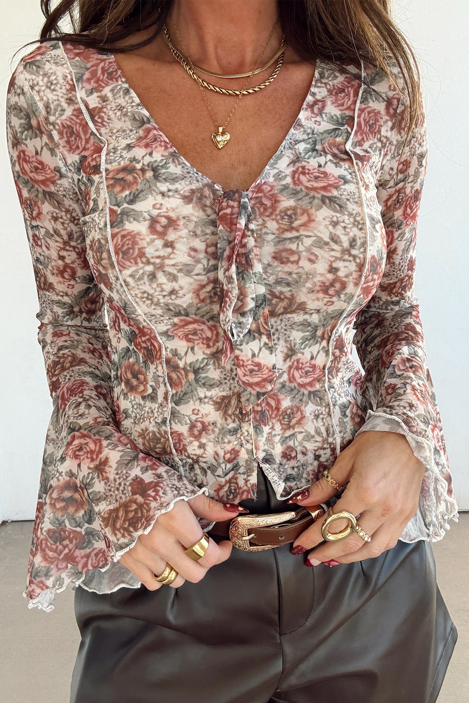 Red Floral Bell Sleeve Blouse