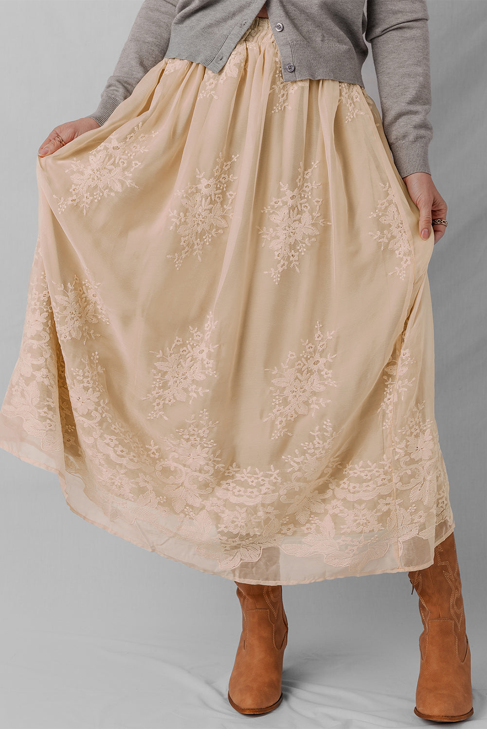 Oatmeal Lace Mesh Maxi Skirt