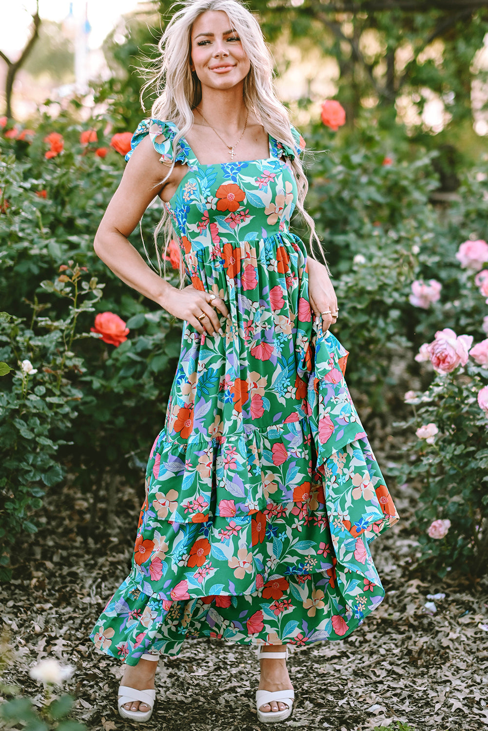 Green Floral Ruffle Maxi Dress