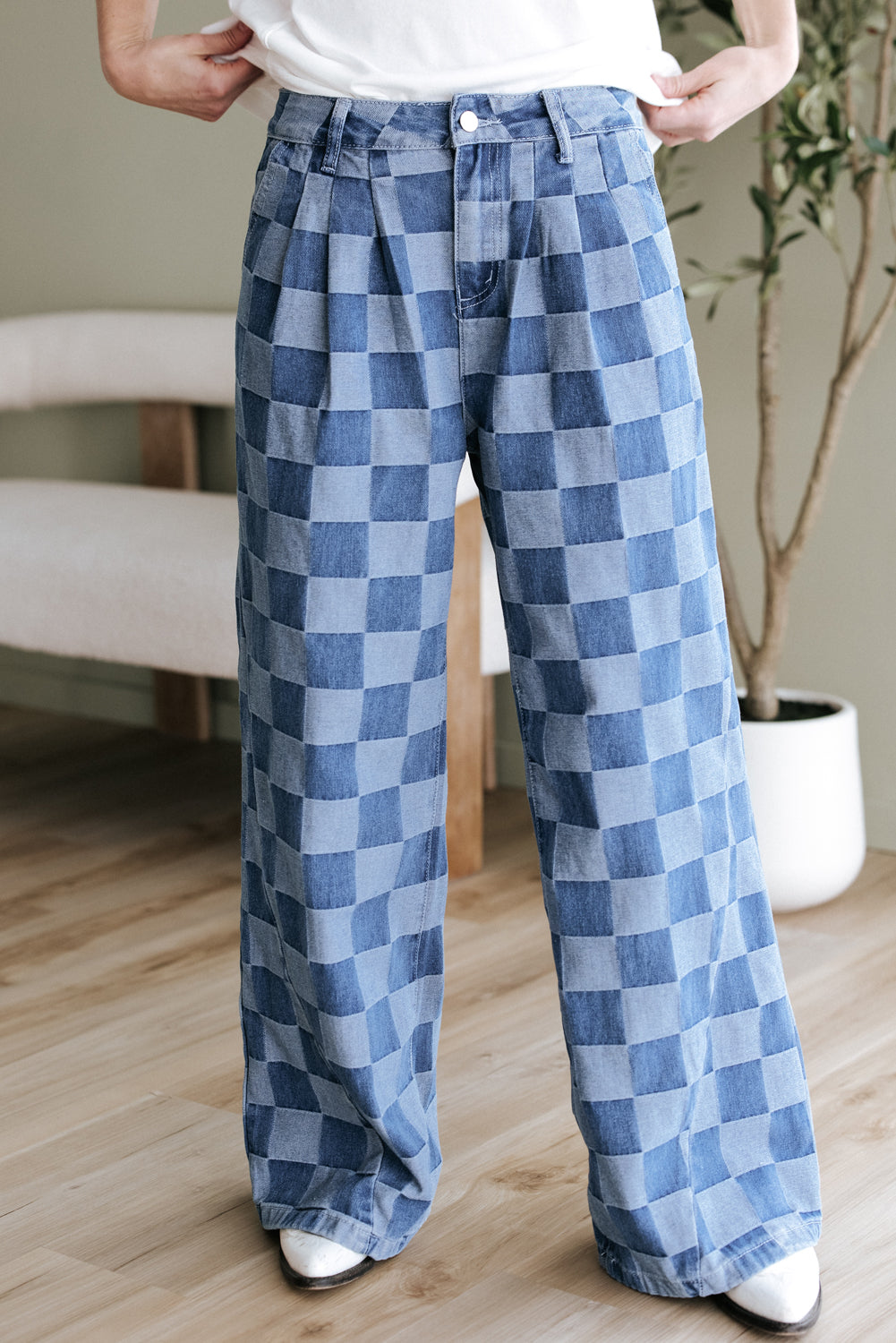Blue Checkered Wide Leg Jeans