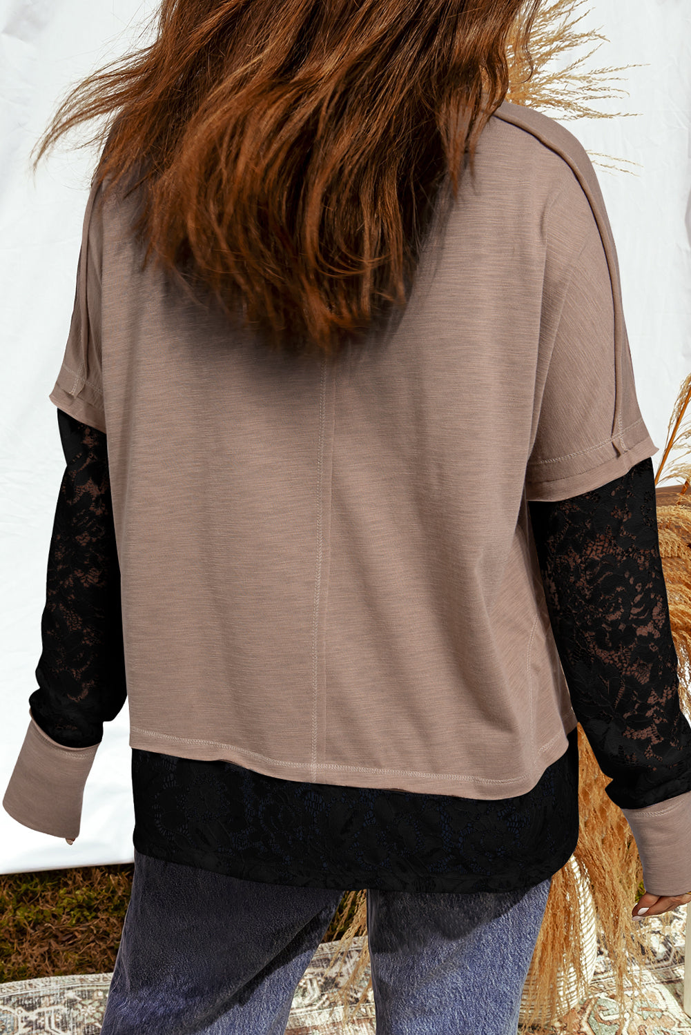 Beige Lace Patchwork Long Sleeve Tee