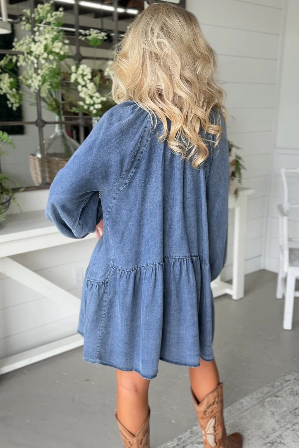 Blue Puff Sleeve Denim Mini Dress