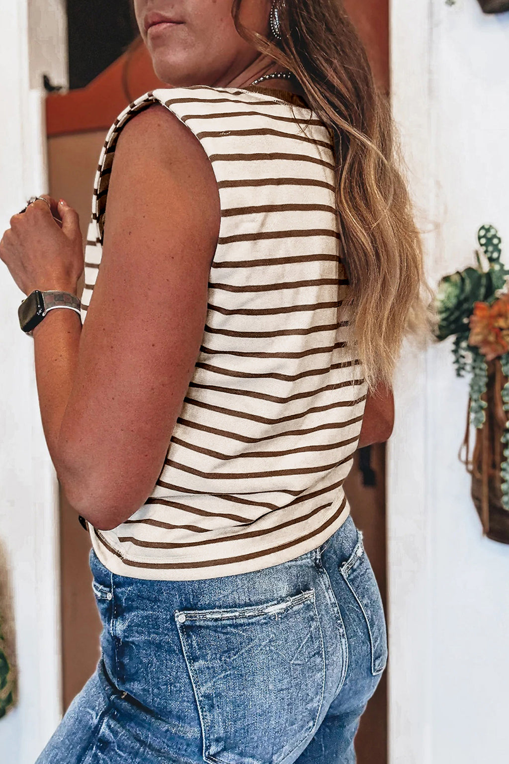 Brown Stripe Ribbed Tank Top