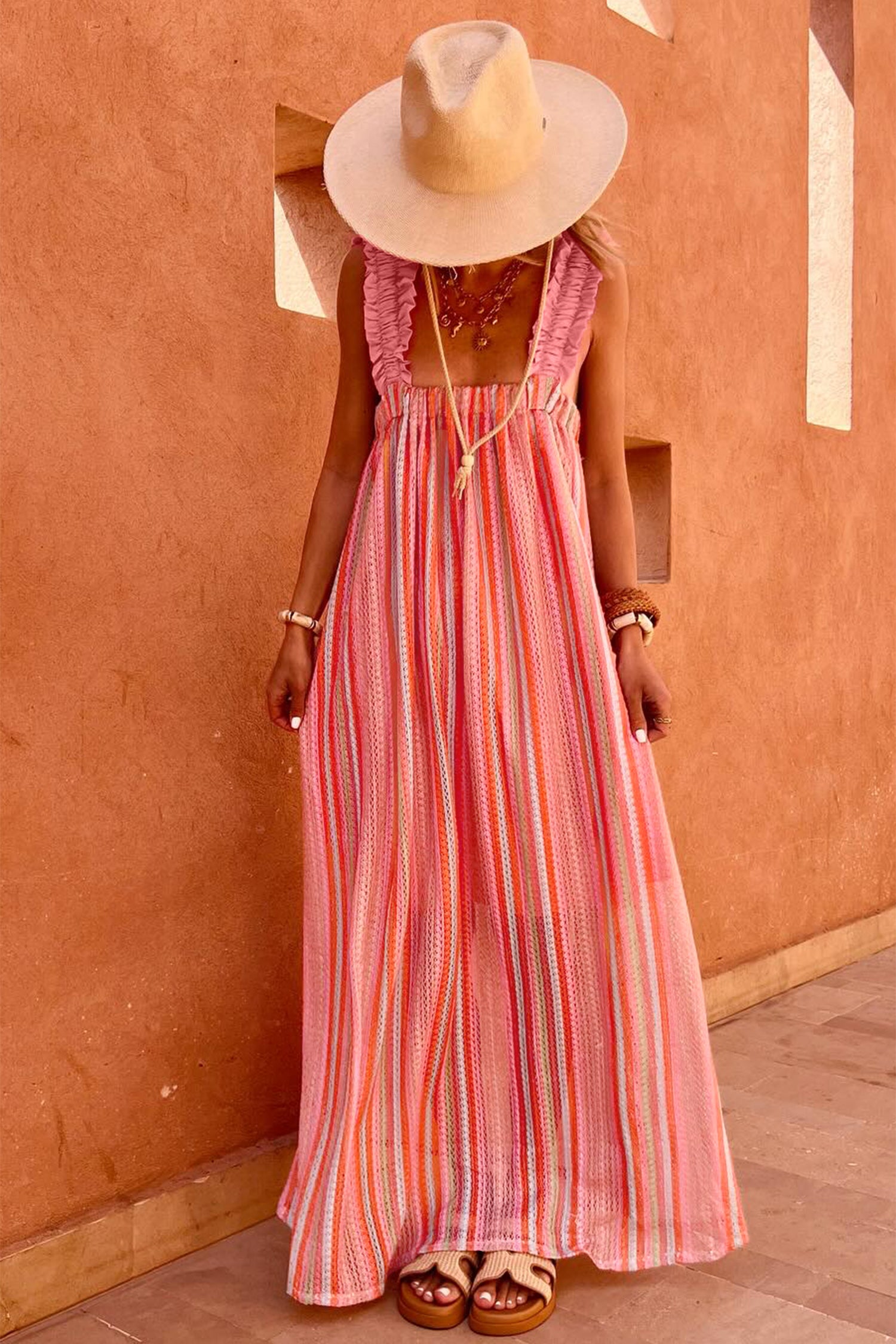 Pink Stripe Ribbon Knot Maxi Dress