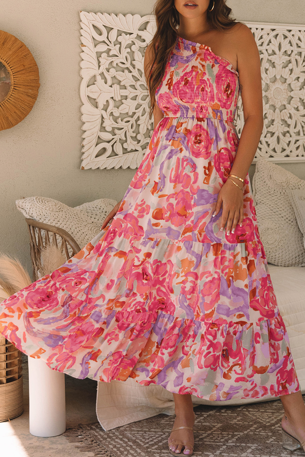 Pink Floral One Shoulder Maxi Dress