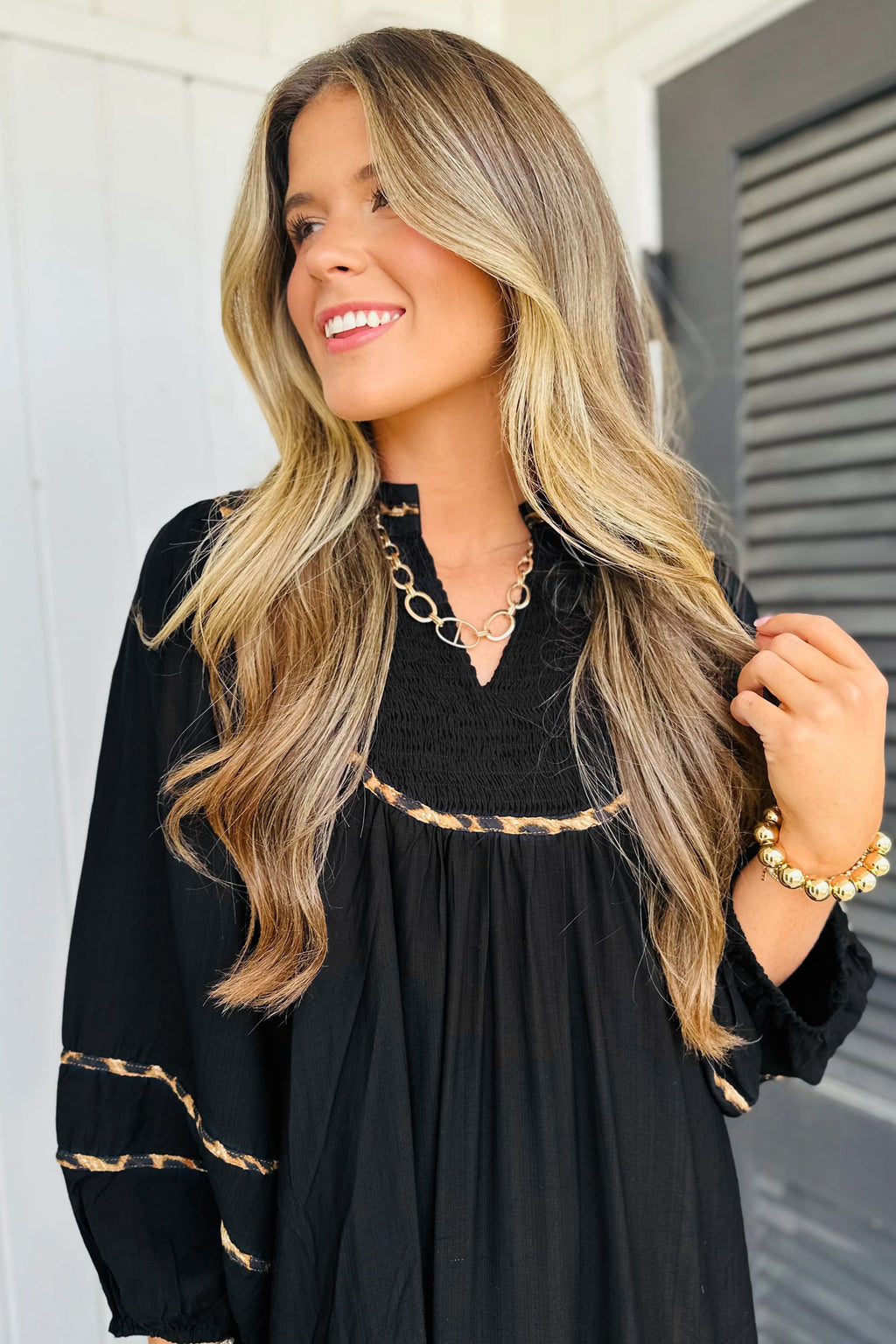 Black Leopard Trim Midi Dress