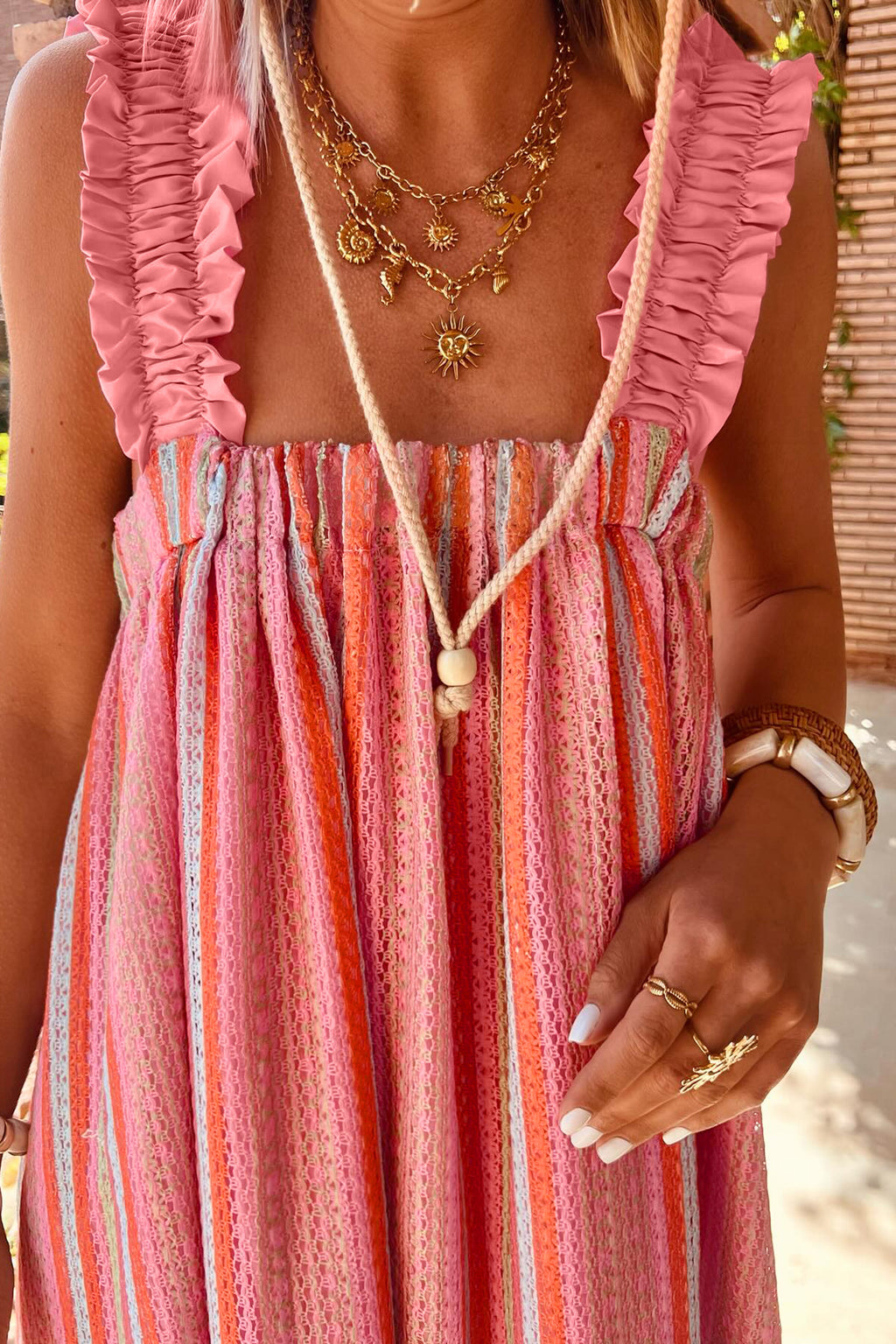 Pink Stripe Ribbon Knot Maxi Dress