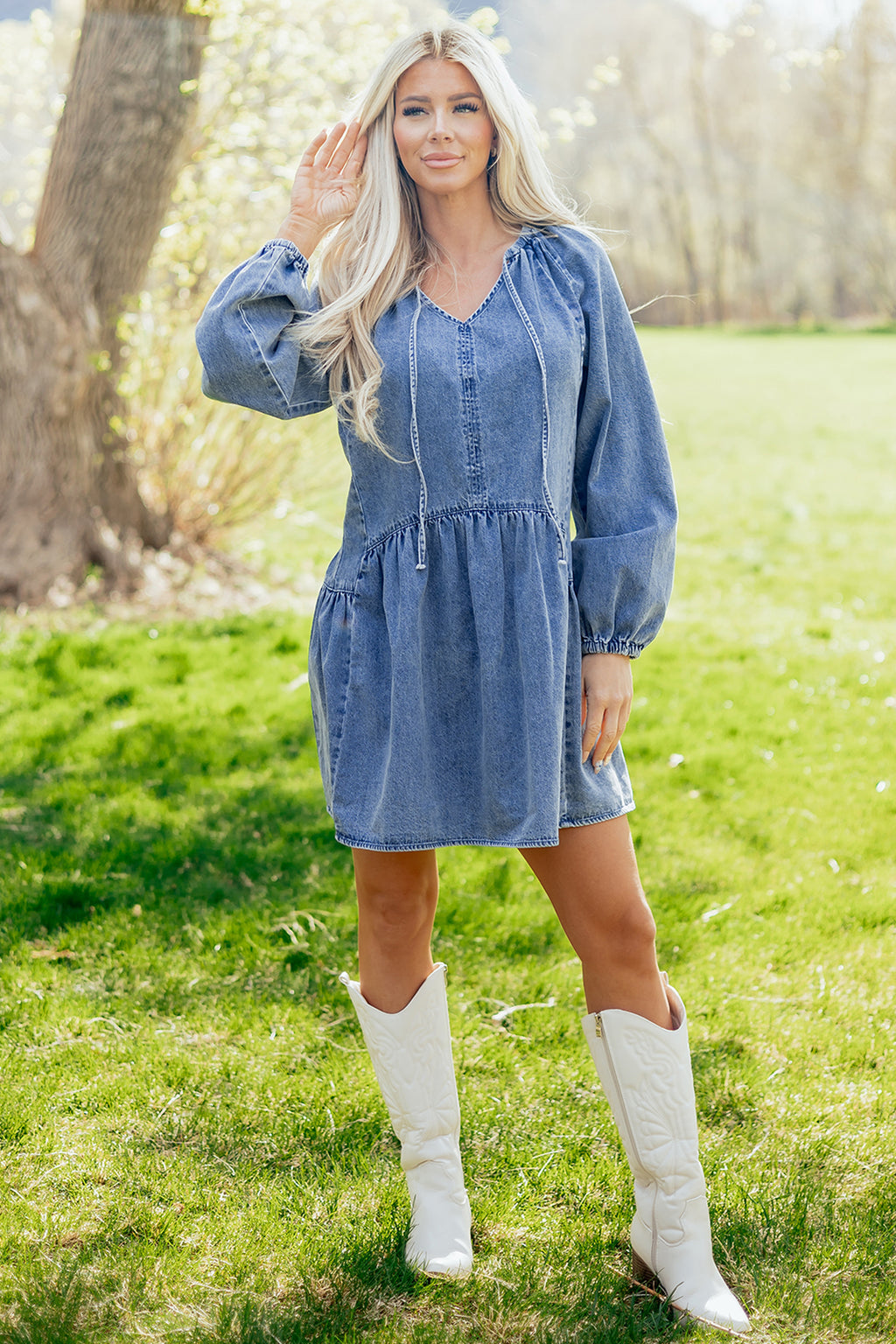 Blue Puff Sleeve Denim Mini Dress