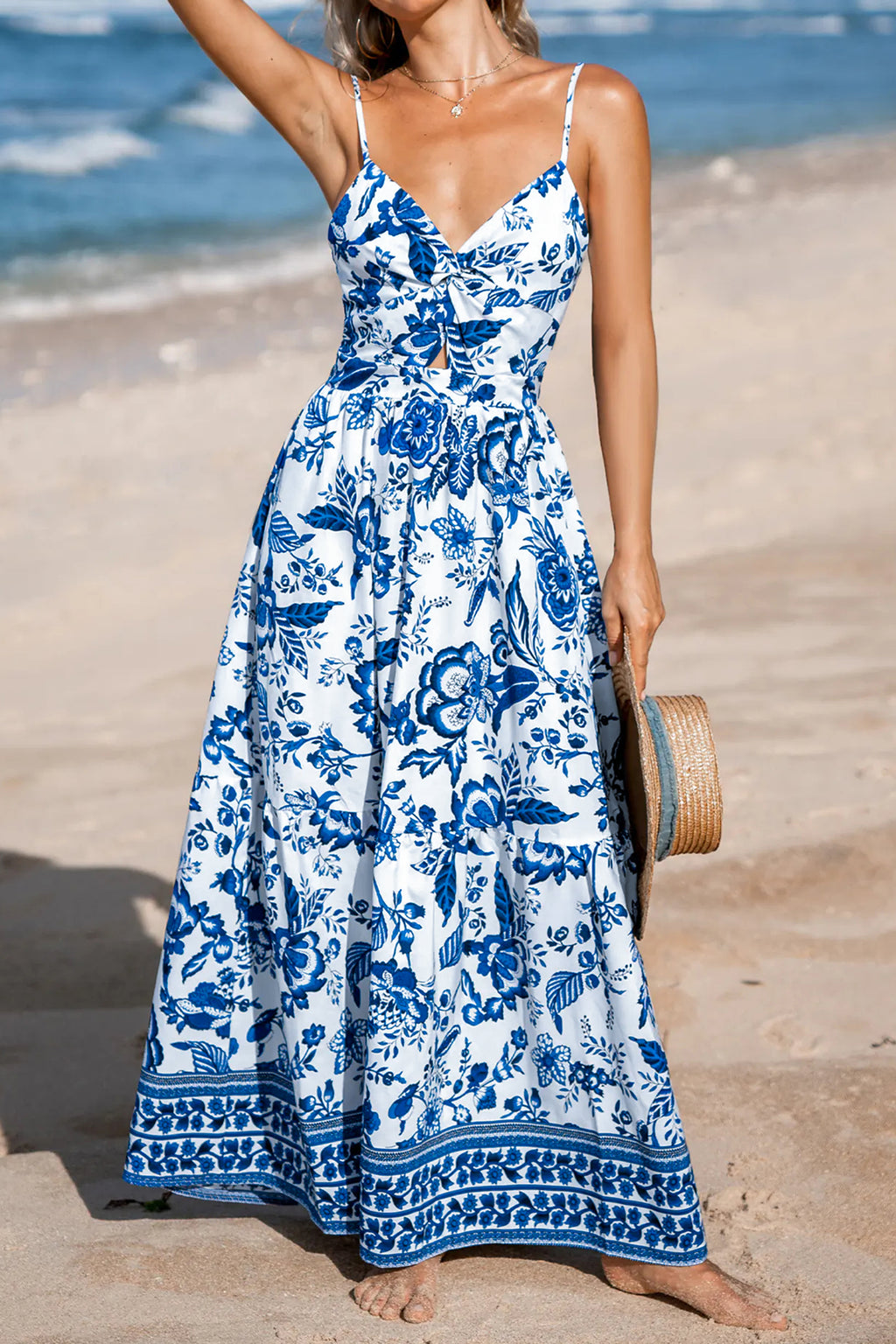 Sky Blue Floral Backless Maxi Dress