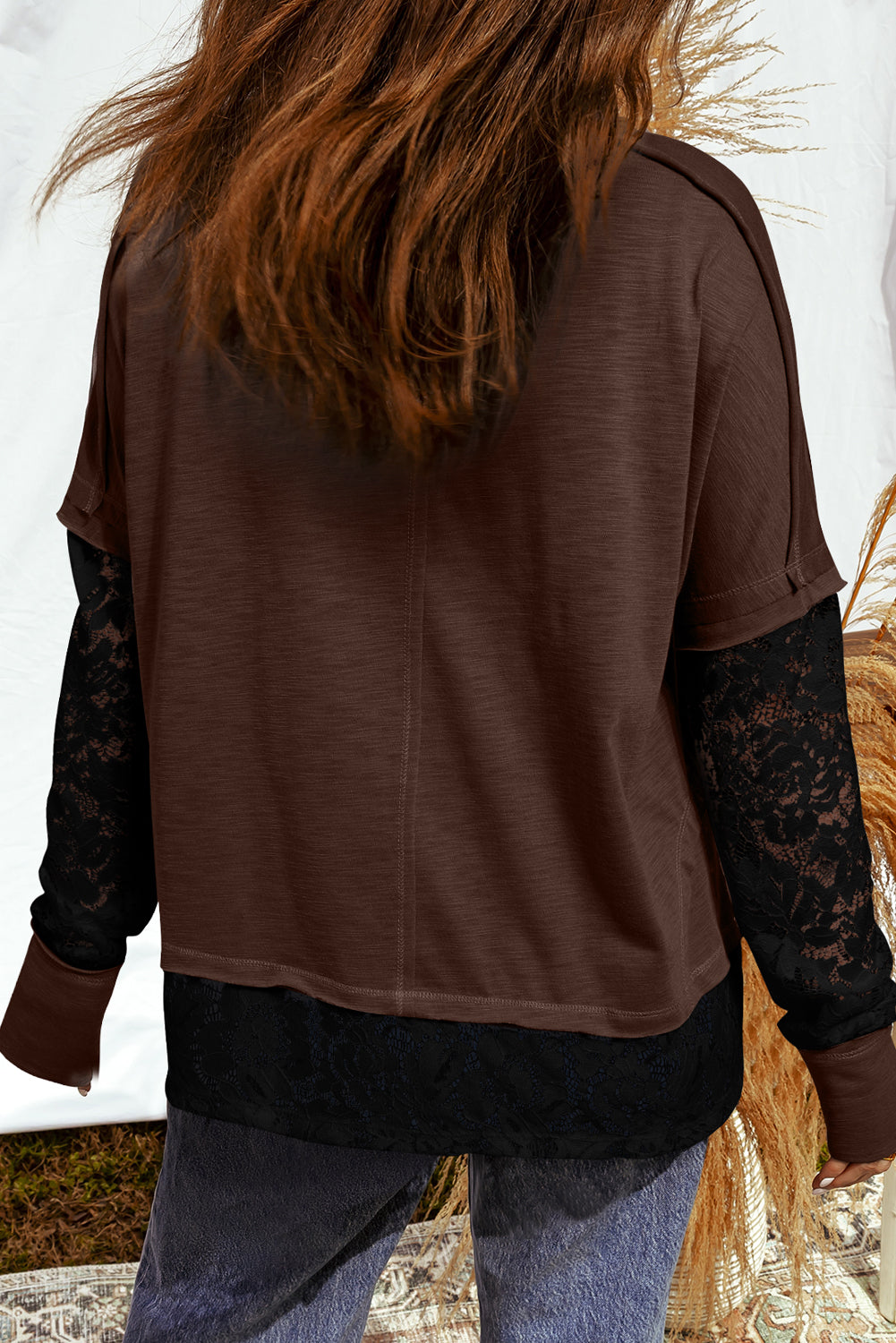 Dark Brown Lace Patchwork Long Sleeve Tee