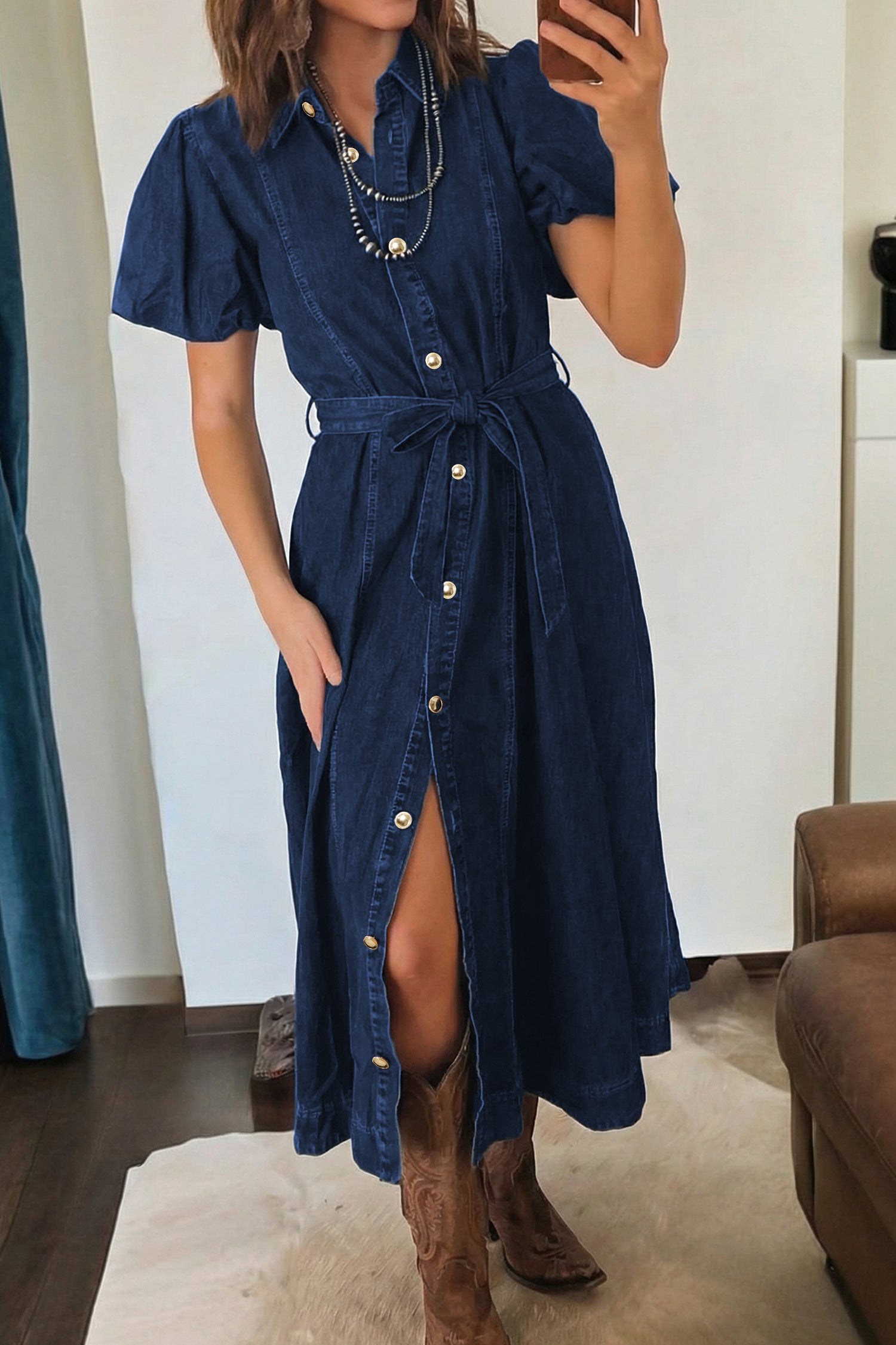 Blue Button-Down Denim Maxi Dress