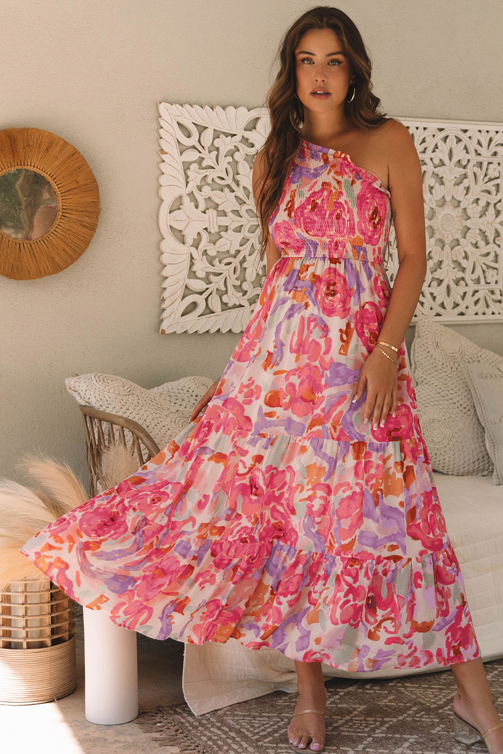 Pink Floral One Shoulder Maxi Dress