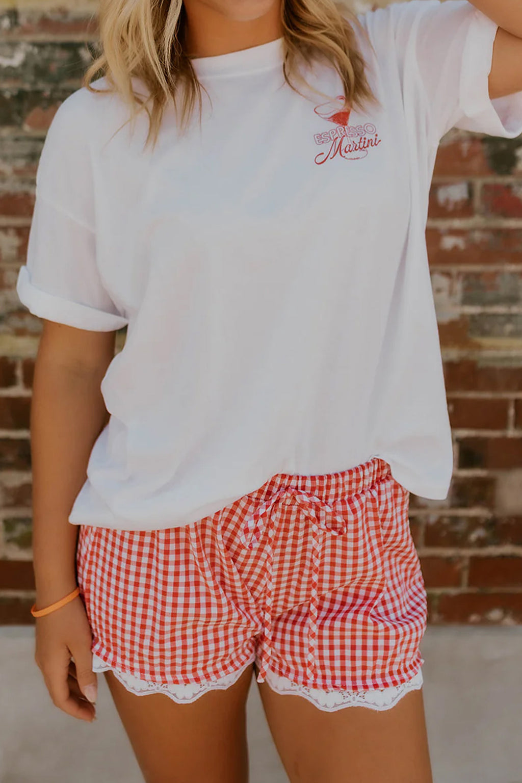 Red Gingham Lace Hem Shorts
