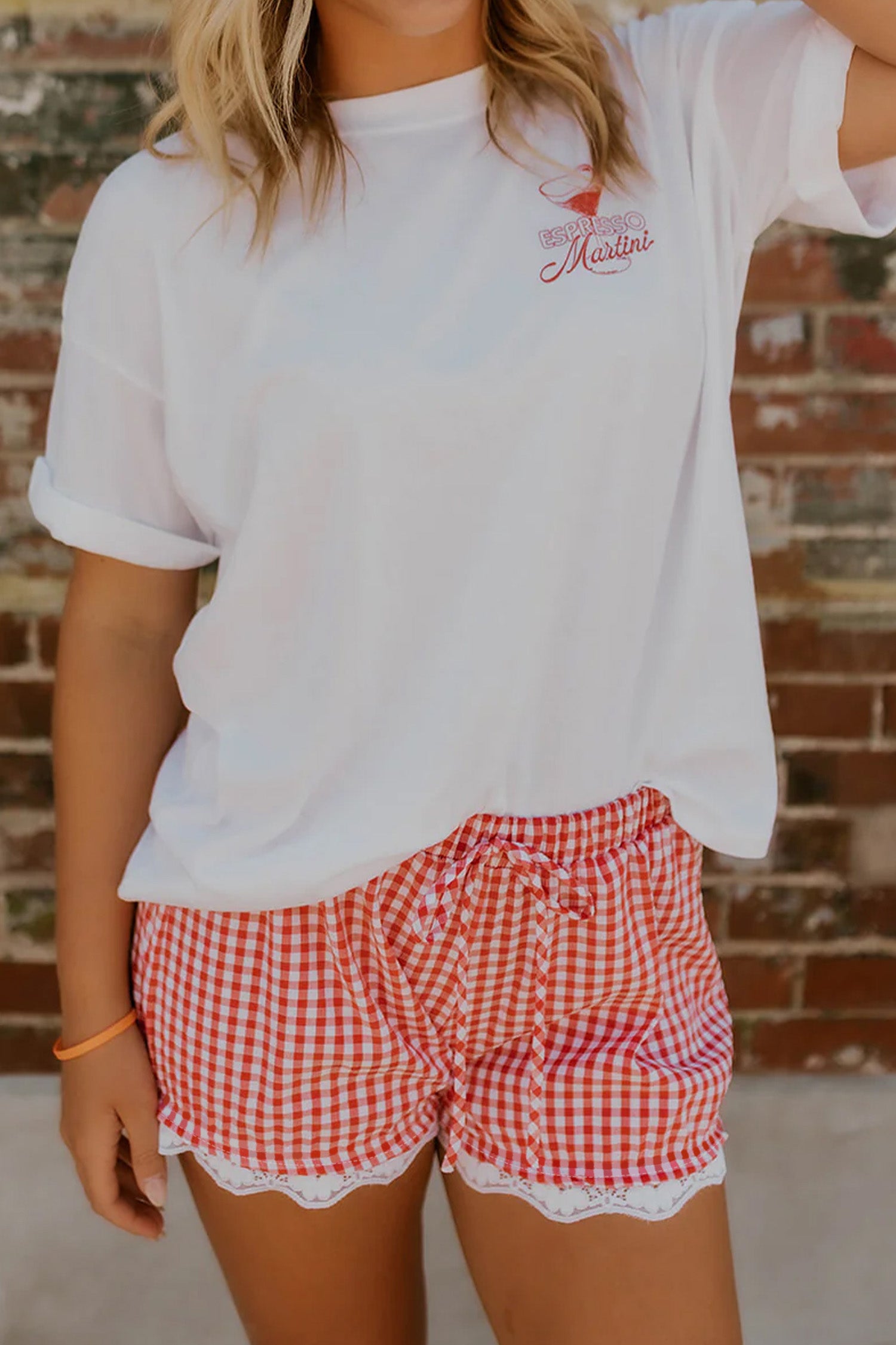 Red Gingham Lace Hem Shorts