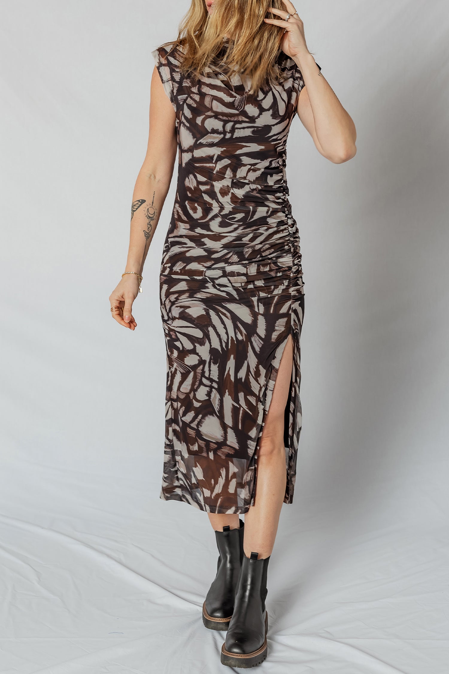 Brown Abstract Print Midi Dress