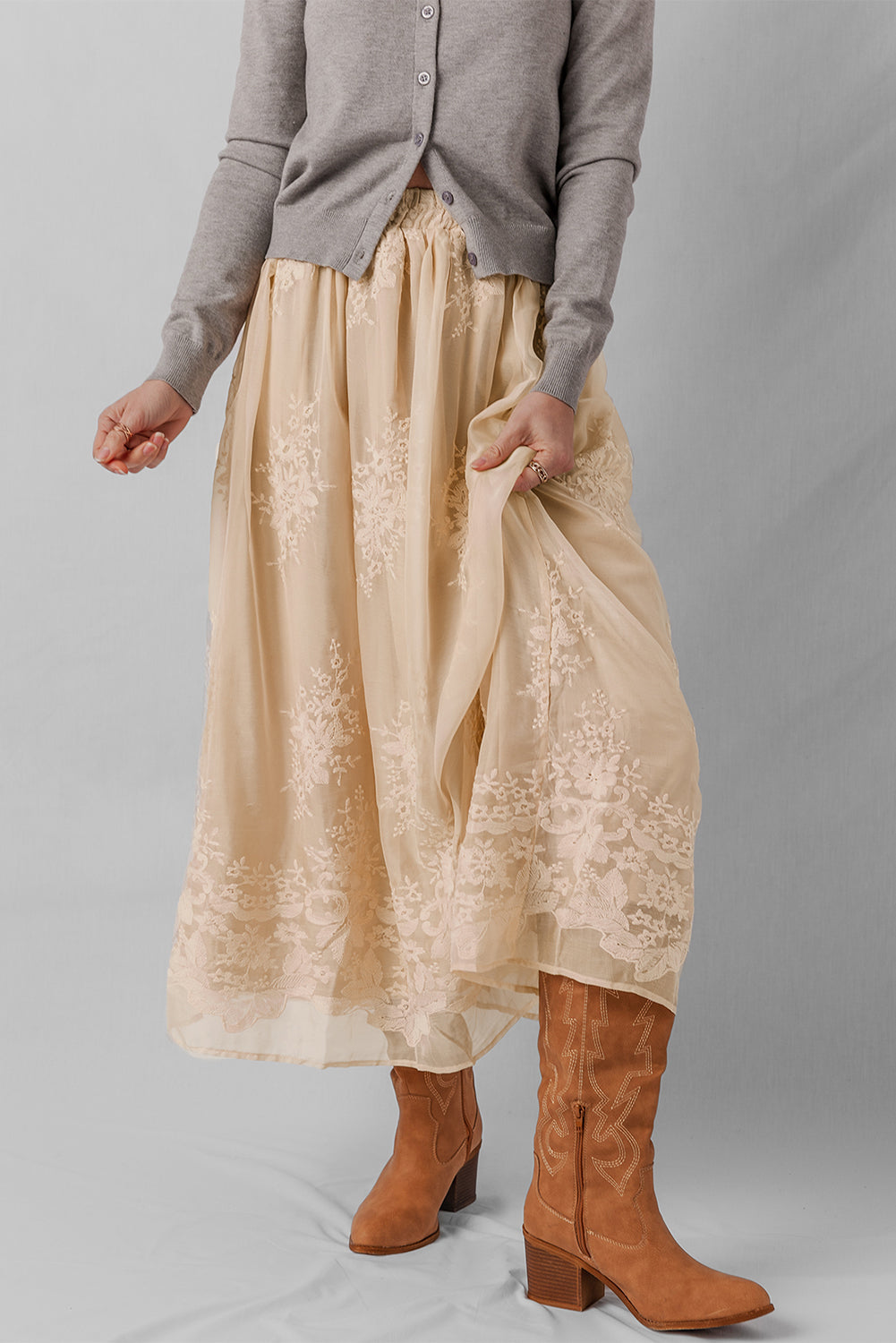 Oatmeal Lace Mesh Maxi Skirt