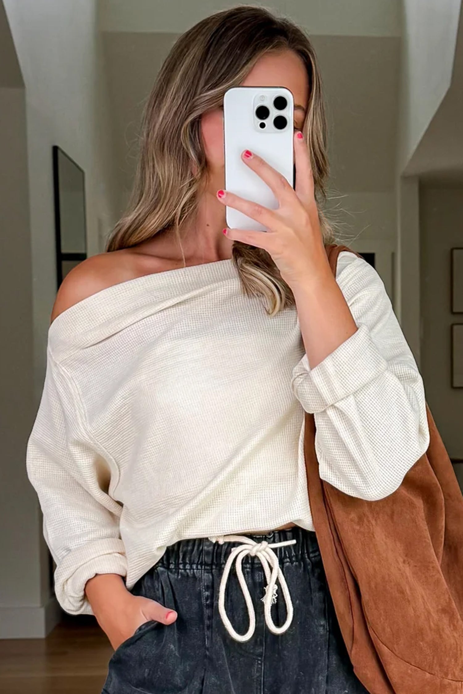 Beige Waffle Knit Long Sleeve Top